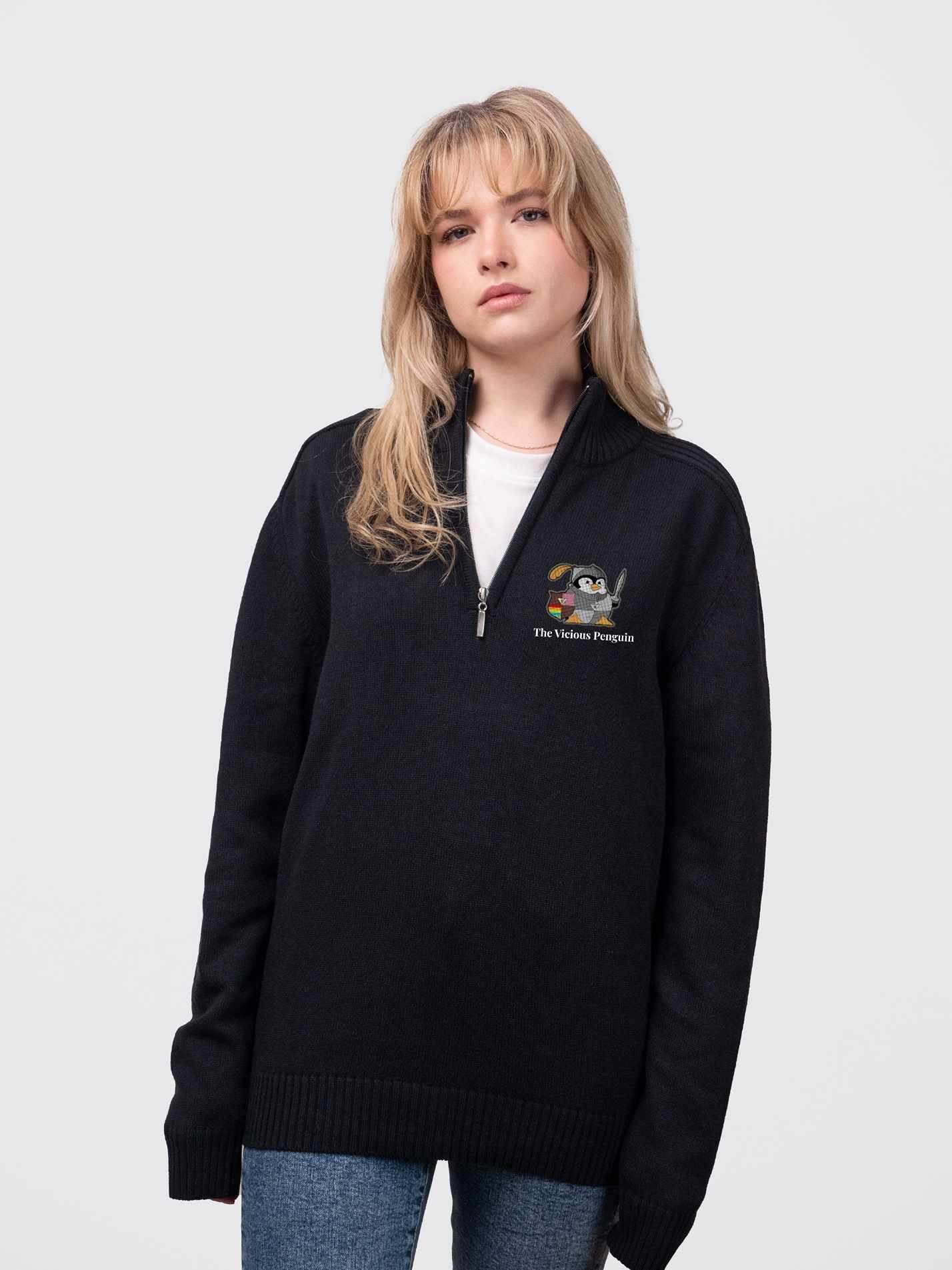 Churchill College MCR- The Vicious Penguin Sustainable Unisex Zip-Neck Jumper