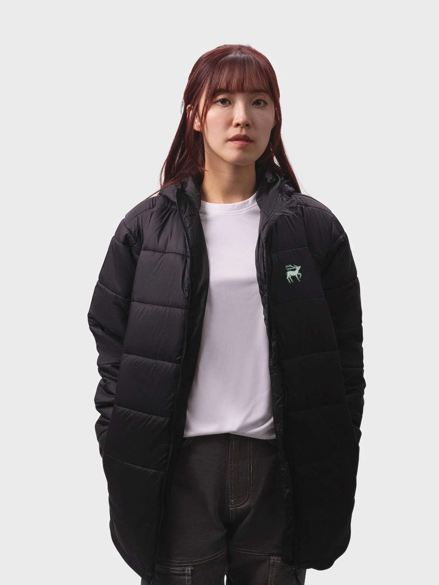 Jesus College Oxford JCR Stag Logo Sustainable Unisex Hooded Puffer Jacket