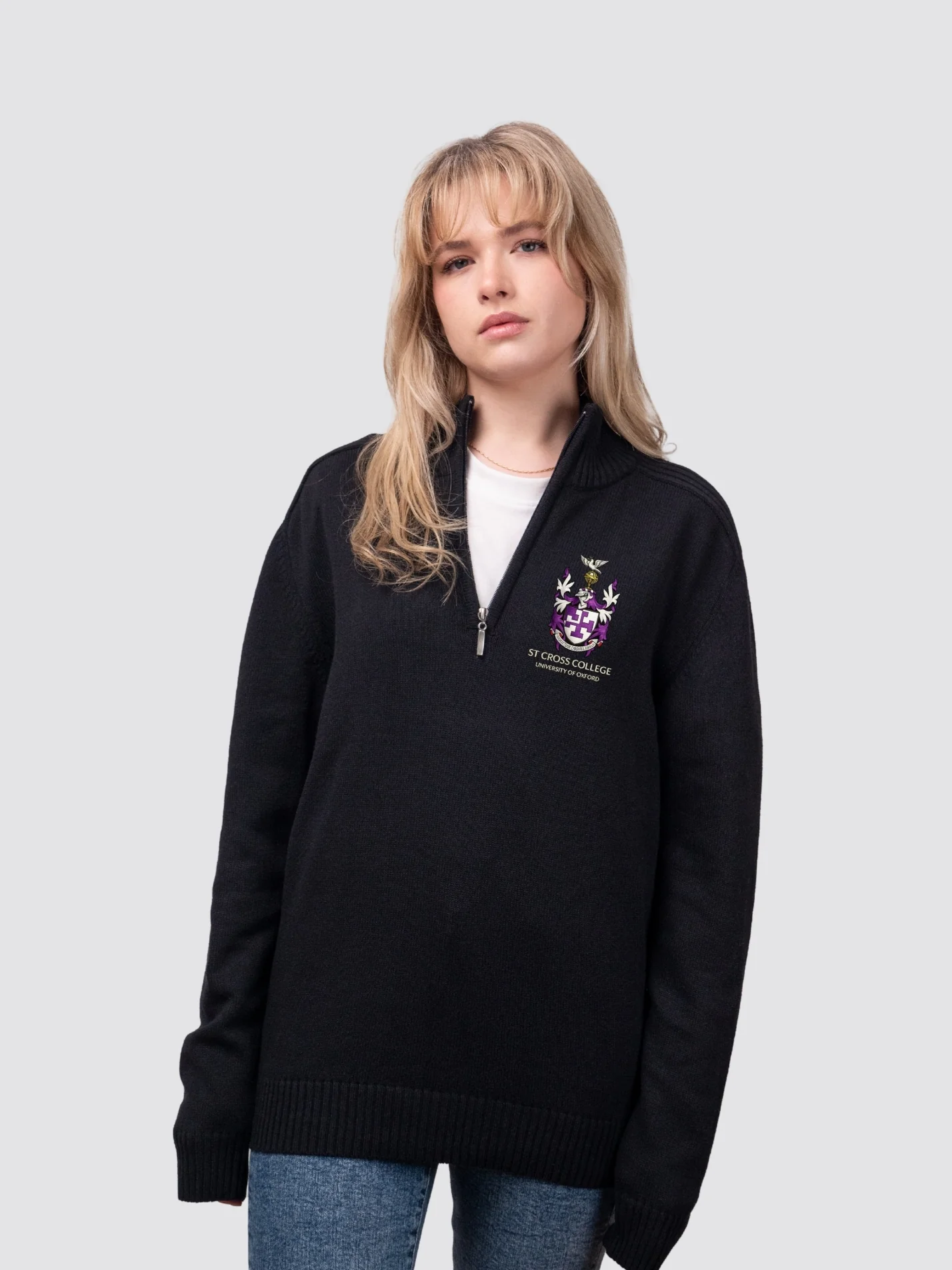 St Cross Coat of Arms Collection Sustainable Unisex Zip-Neck Jumper