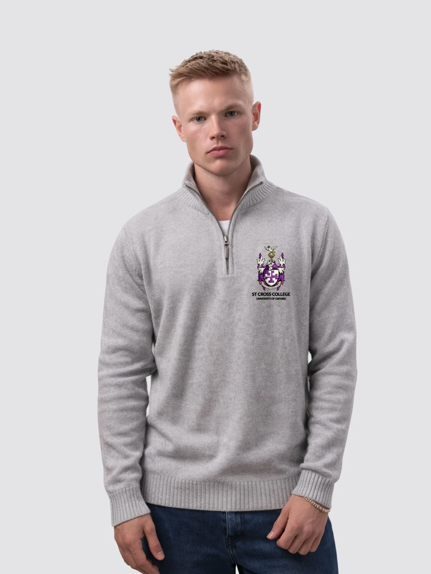 St Cross Coat of Arms Collection Sustainable Unisex Zip-Neck Jumper - Image 4